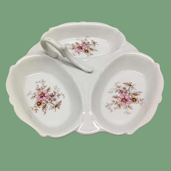 Small porcelain appetizer dish with vintage flower pattern, 3 compartments