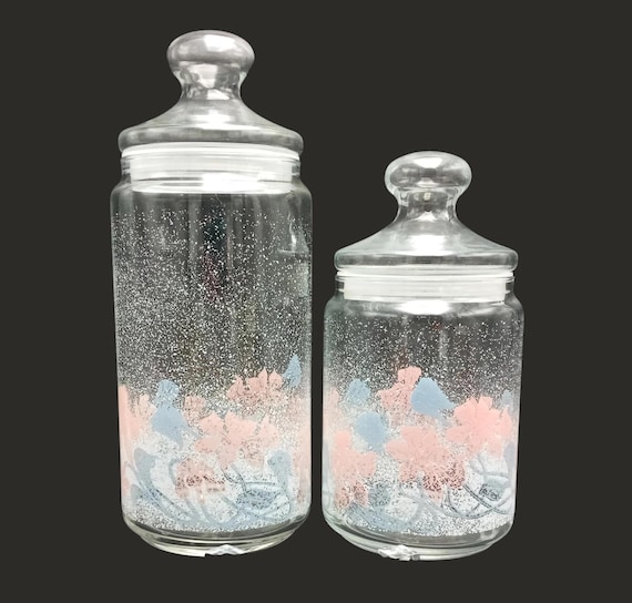 Vintage Luminarc flower decor glass jars, apothecary jars, 2L, 1L