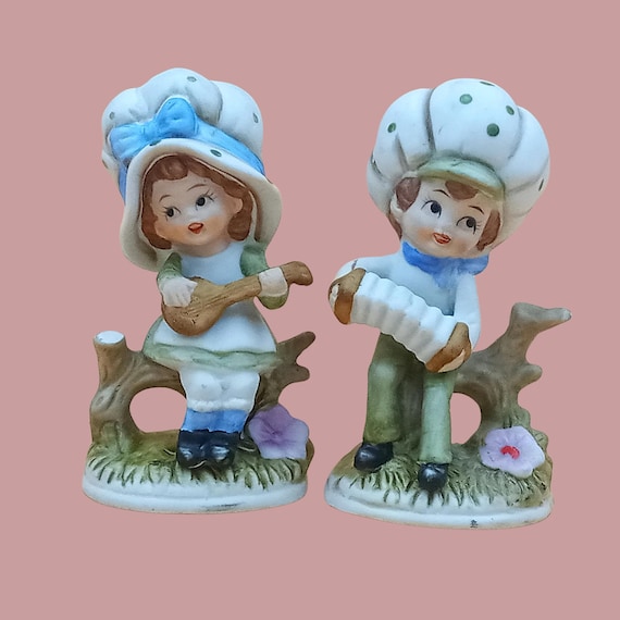 Vintage ceramic figurine couple, boy and girl, biscuit, musician
