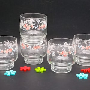 Water GLASSES arcoroc France decor forget-me-not 1980s vintage tempered glass