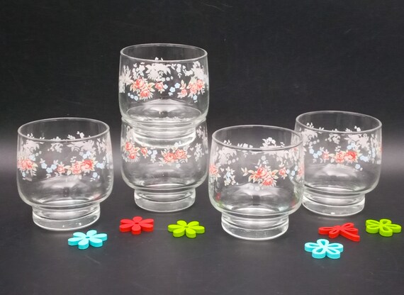 Luminarc France water glasses, floral decor, 1980s vintage