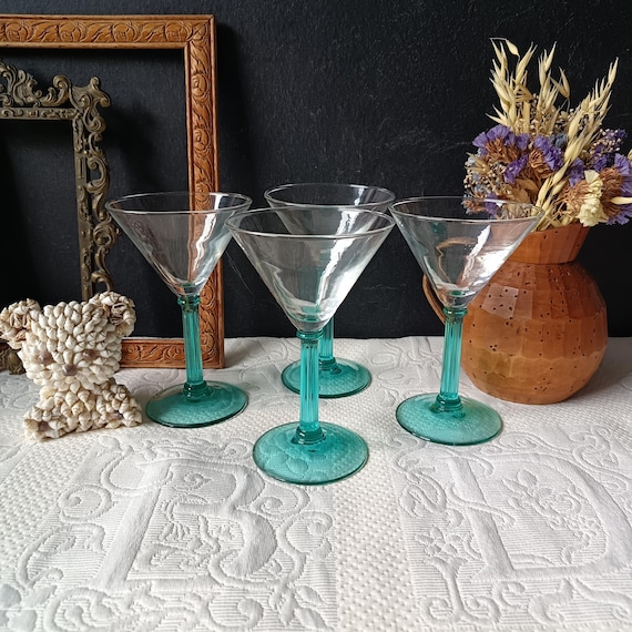 4 Vintage France 1980 Turquoise Stem Cocktail Glasses