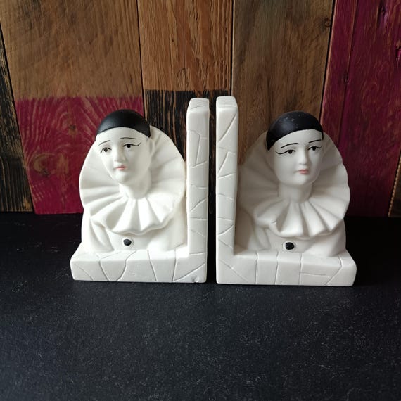 Pierrot ceramic bookends, vintage French