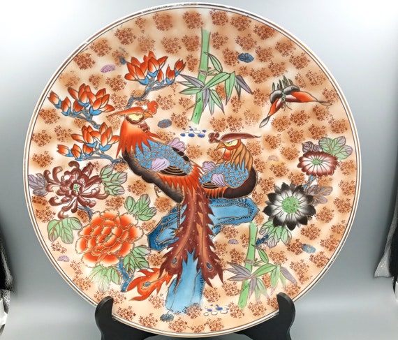 Large porcelain platter decorated with peony birds, China