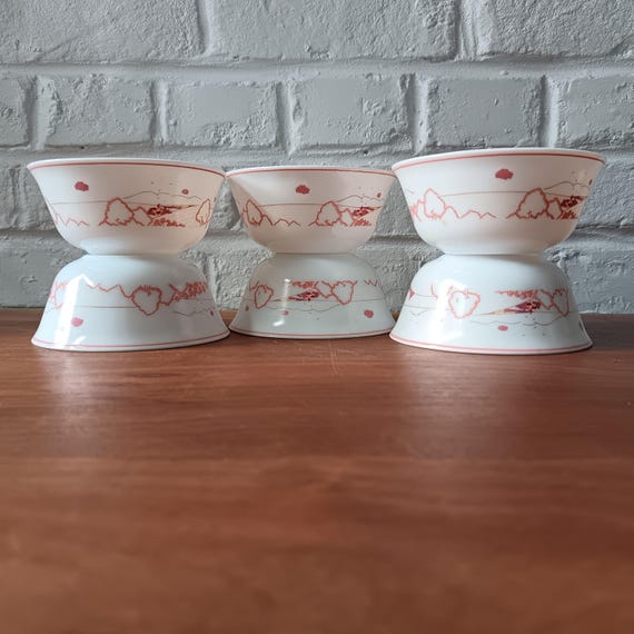 6 Arcopal France Dessert/Cereal Bowls, white opaline glass with pink landscape pattern