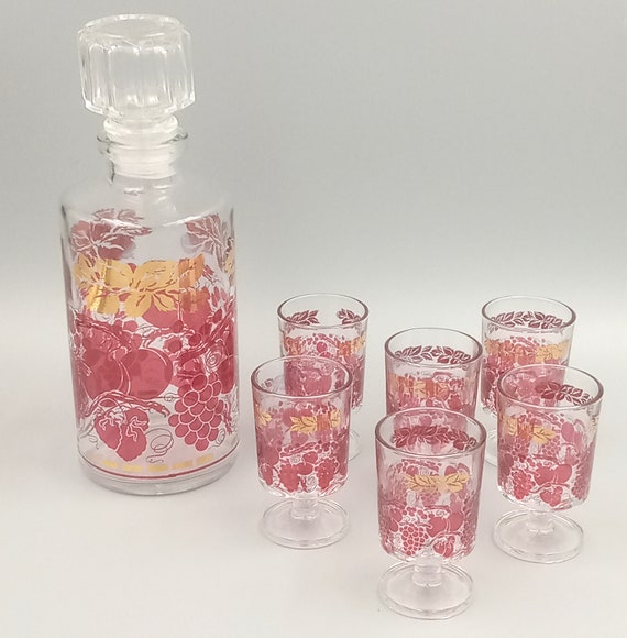 Vintage LIQUEUR SERVICE, garnet red and gold fruit decor, Vintage France