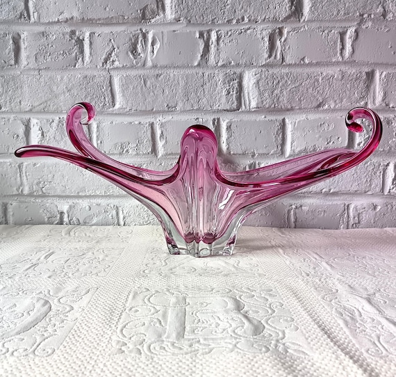 Vintage colored glass fruit bowl, cranberry centerpiece, transparent Murano art glass
