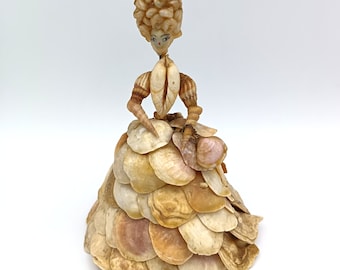 Antique shell figurine, French coastal art souvenir, vintage doll, kitsch
