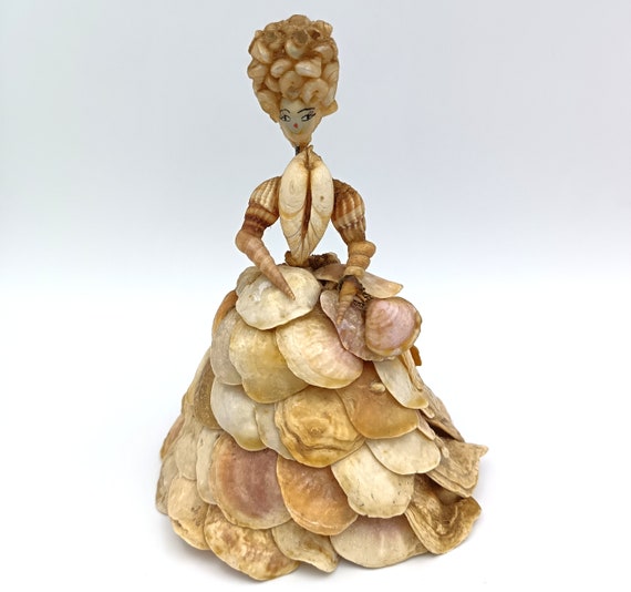Antique seashell FIGURINE, French seashell art coastal souvenir, vintage doll, kitsch