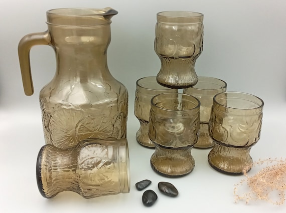 Vintage ORANGEADE smoked glass SERVICE, 6 glasses and pitcher, FIDENZA 1960, Italy