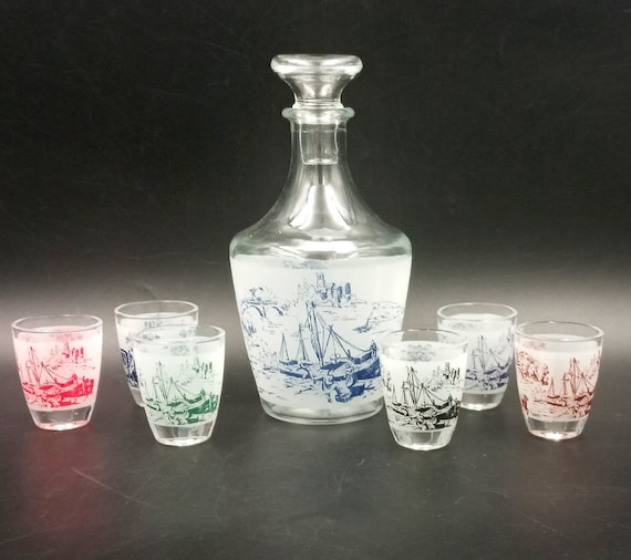 Liquor SERVICE, white and blue boat decor carafe, multicolored vintage glasses, Luminarc French