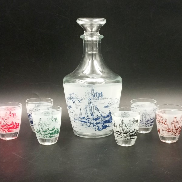 SERVICE à liqueur, carafe décor bateau blanche et bleu, verres vintage multicolores, Luminarc Français