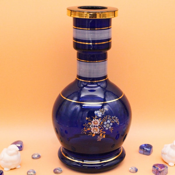 Grand VASE boule vintage en verre bleu cobalt or circa 1950