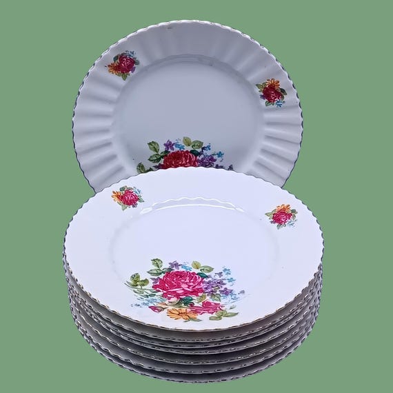 8 vintage porcelain dessert plates with multicolored flower pattern, vintage