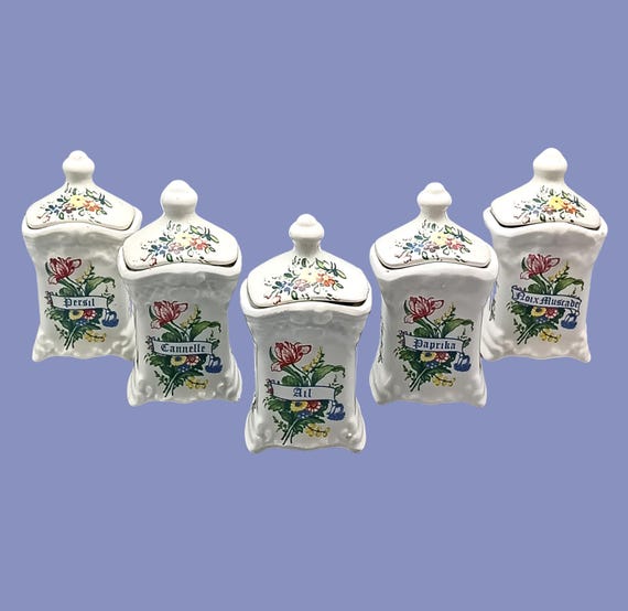 Set of 5 porcelain spice boxes with vintage, shabby, delft floral decor