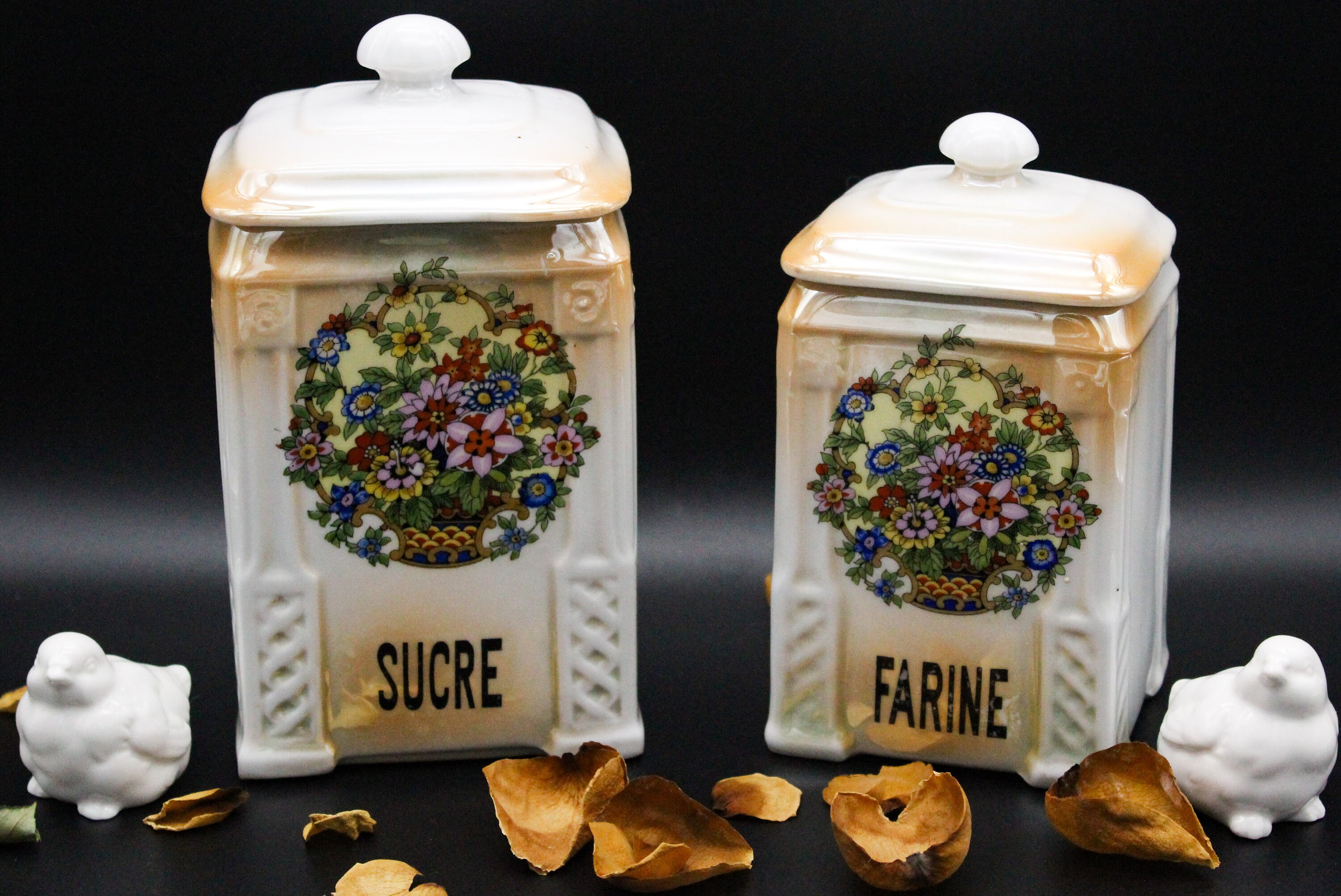 2 Pots à Épices Art Déco Victoria China Czechoslovakia, Vintage, Boites Denrées Farine Sucre