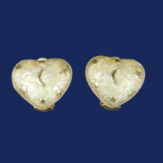 Round clip-on EARRINGS in gold-plated metal, duck blue enamel with moon and star motif