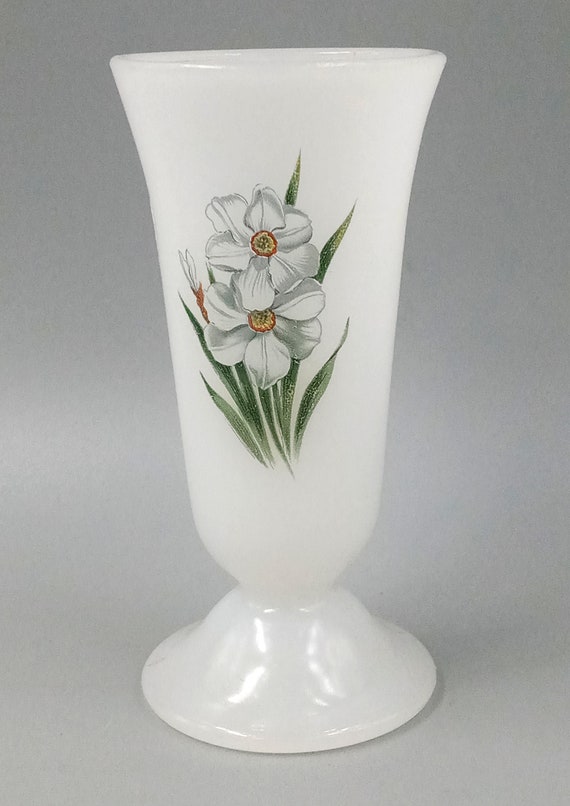 Trio VASES white opaline narcissus bird motif, pink green art deco vase