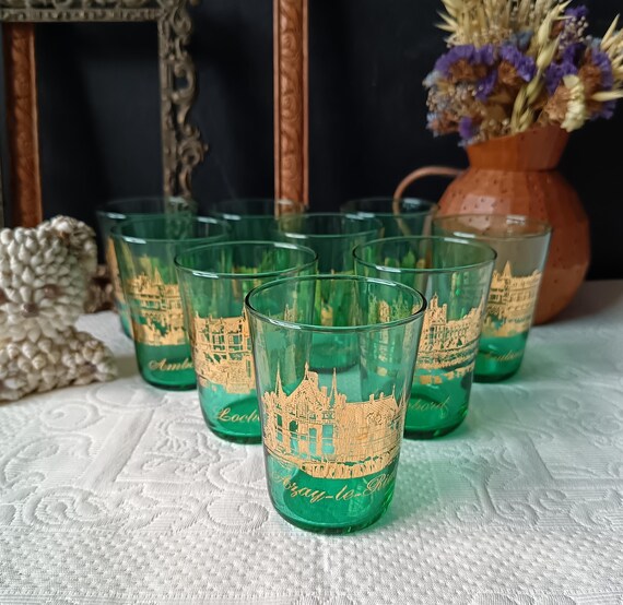 9 or 10 vintage emerald green and gold glasses from the Loire Valley castles, France