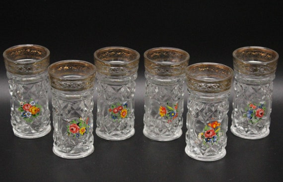 Vintage gold and multi-colored flower liqueur glasses, set of 4 or 6