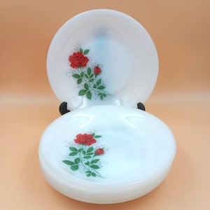 5 or 6 Arcopal French opaline dessert plates with red rose motif