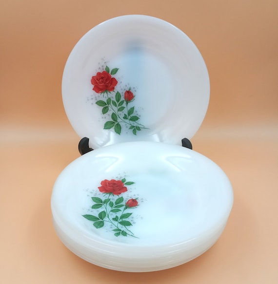 5 or 6 Arcopal French opaline dessert plates with red rose motif