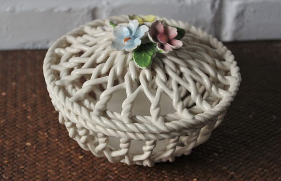 Woven porcelain pot with lid, vintage pot for potpourri, trinket pot, sugar bowl, jewelry box.