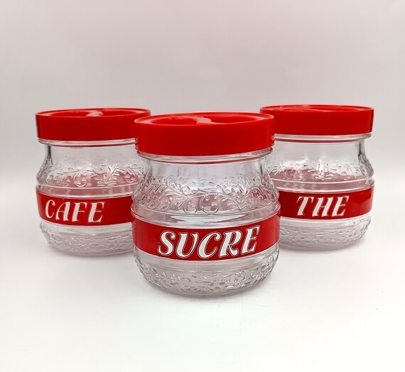 3 Vintage red plastic lid glass JARS