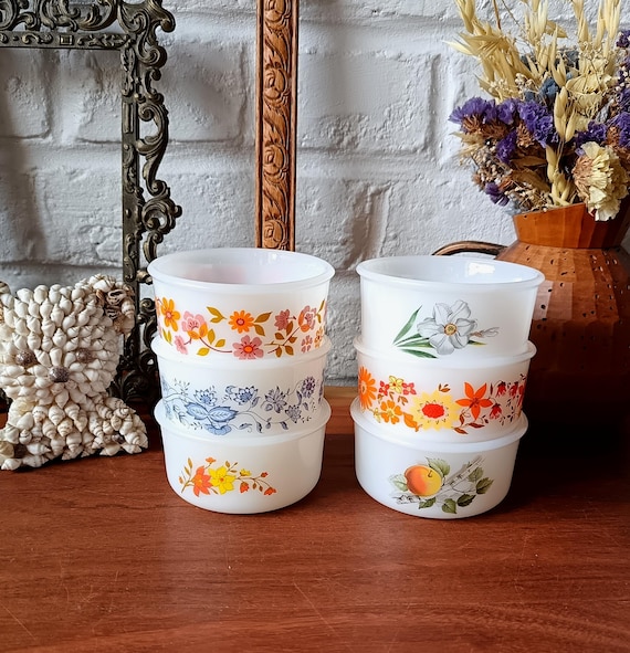 6 vintage Arcopal ramekins, assorted floral designs, 1970