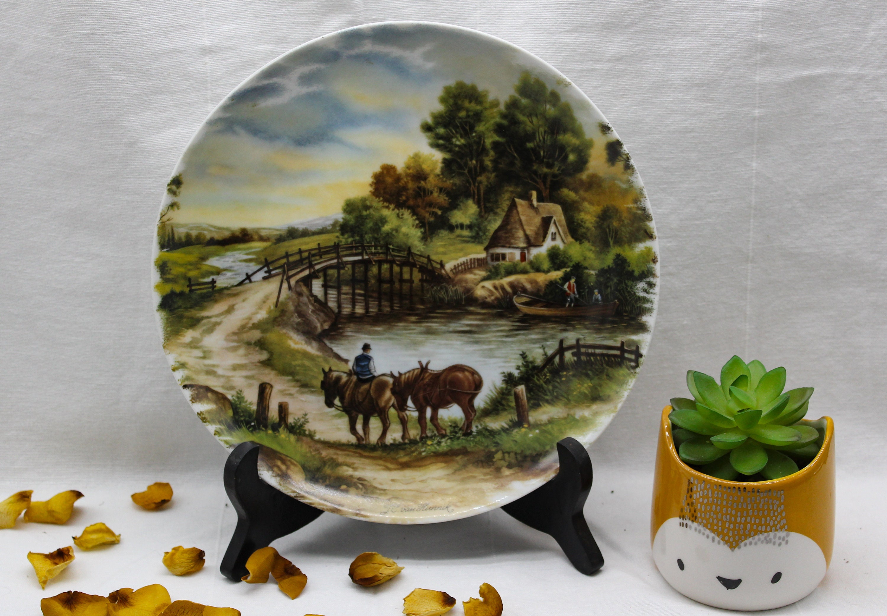 Assiette Porcelaine Motif Paysage Bucolique Jc Van Hunnik Vintage