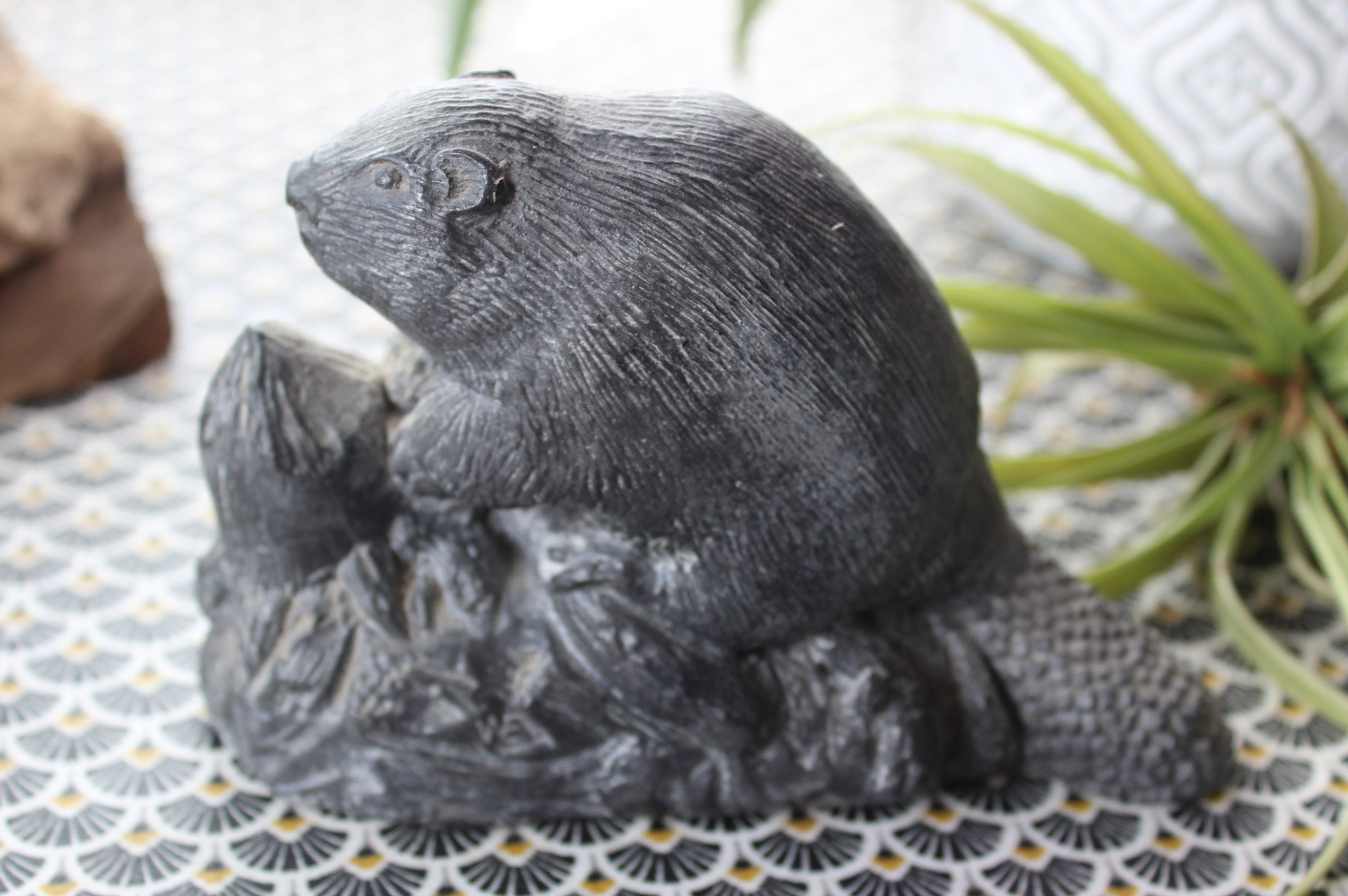 Statuette Castor Vintage en Stéatite, Sculpture Made in Canada, Fait à La Main