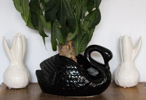 Vintage black swan plant pot, zoomorphic plant holder, ceramic, France