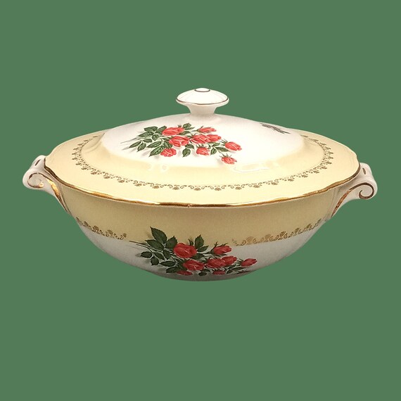 SOUP TUREEN in white and yellow porcelain, red rose motif PERMACAL vintage "floralies" model