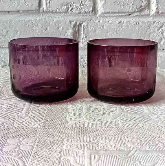 2 large vintage amethyst colored glass votive candle holders, made in France by Mikasa, mouth-blown