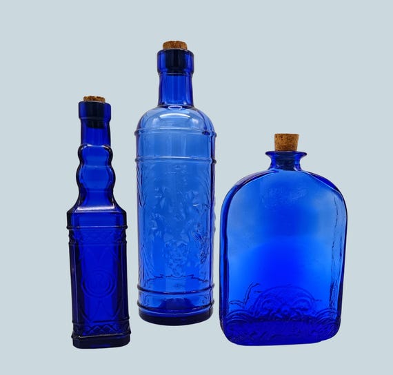 3 cobalt blue BOTTLES, small bottles with cork stopper