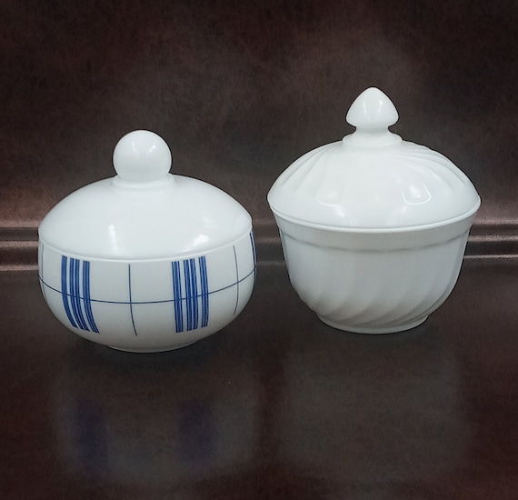 SUGAR BOWL white arcopal decor blue lines, vintage opaline