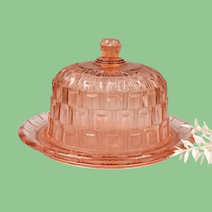 Pink glass dish with bell, vintage pressed glass dish, cheesecake dish