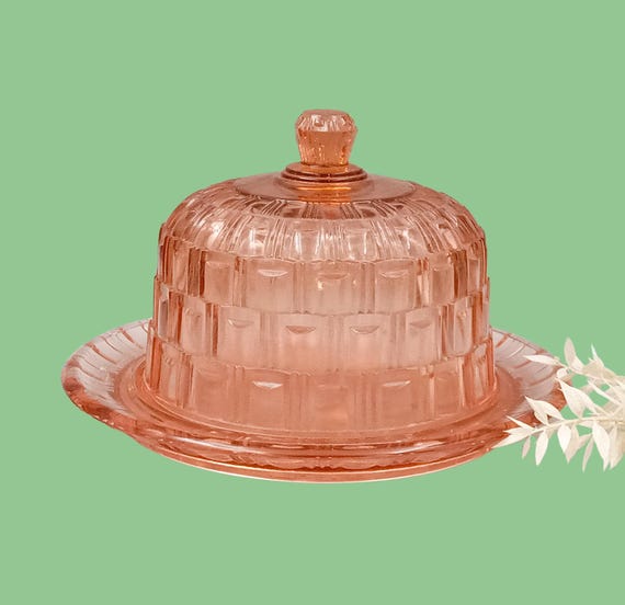 Pink glass dish with bell, vintage pressed glass dish, cheesecake dish