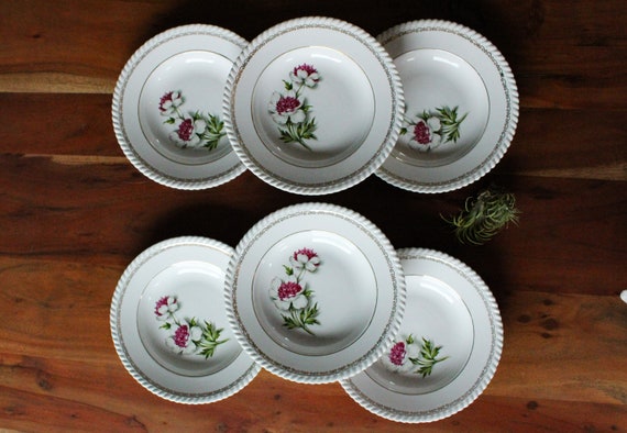 6 vintage French soup plates with peony pattern, PERMACAL, vintage