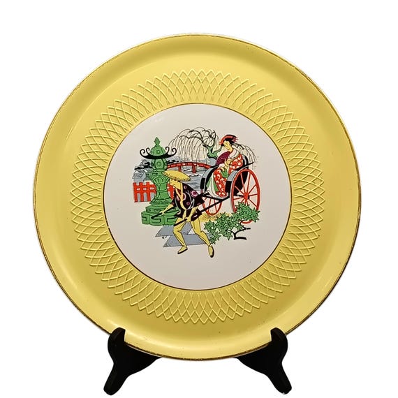 Cake dish, earthenware, yellow Asian scene, vintage Orchies Moulin des loups France
