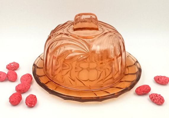 Pink glass dish with bell, vintage pressed glass dish, cheese cake dish