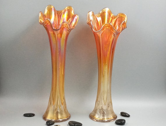 Pair of Northwood Fine Ribbed Vases Carnival Antique Art Glass Squat Marigold Vase Collection Home Decor