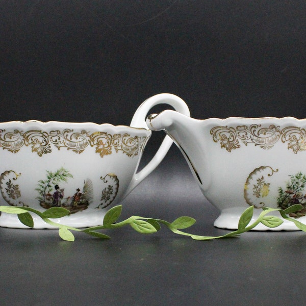 Duo SAUCIÈRES in porcelain with Asian scene pattern, vintage, Berry High national porcelain company