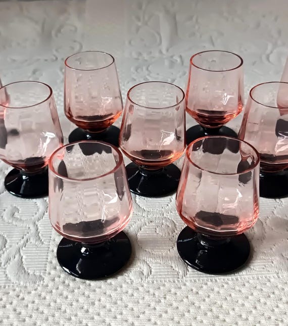 7 Vintage French Pink Black-Footed Liqueur Glasses