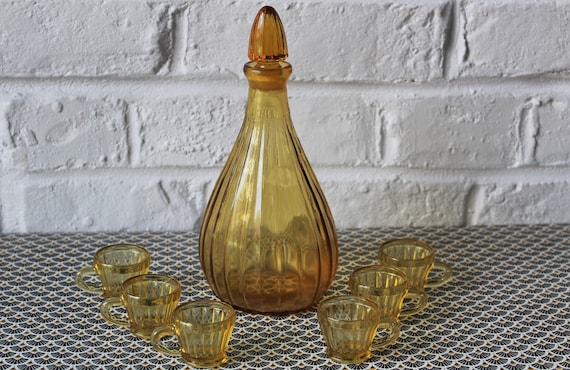 Old Blown Glass Liqueur Service, vintage amber yellow carafe