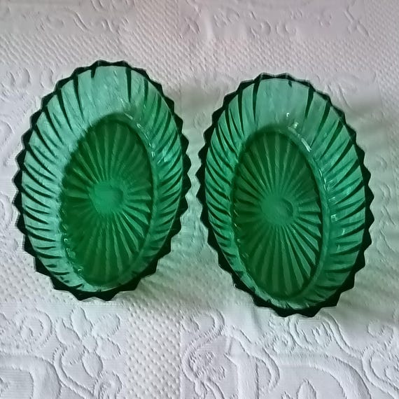 2 vintage emerald green molded glass ARCOROC serving dishes, appetizer platters