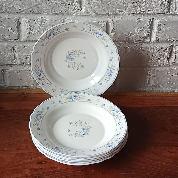 5 Arcopal France opaline soup plates with a Romantic motif