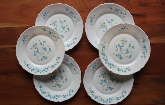 6 French opaline dessert PLATES arcopal forget-me-not pattern