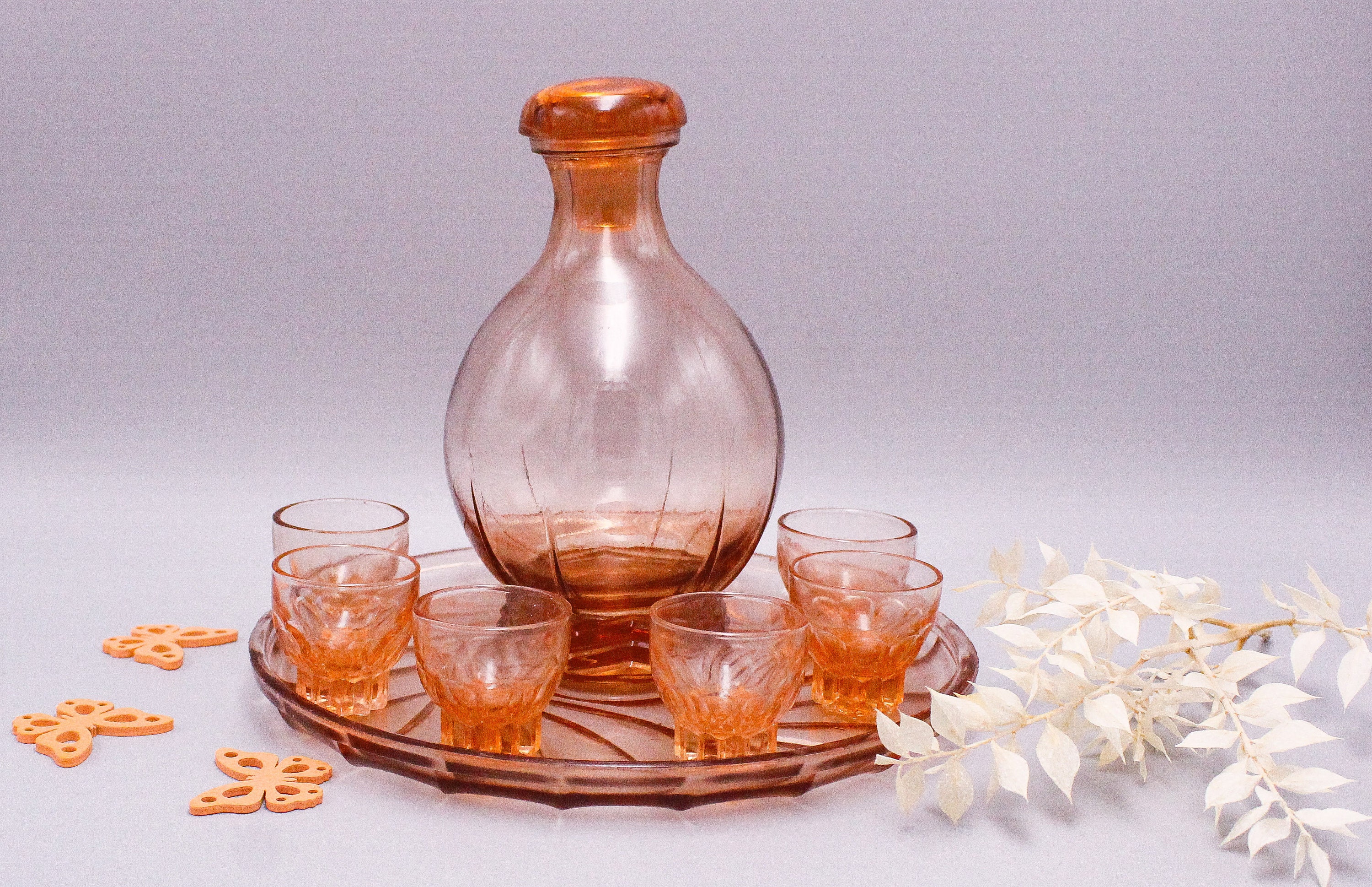 Service à Liqueur Carafe, Plateau et Verres Rosaline Vintage Des Années 1950, Verre Rose