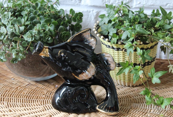 Original vintage black and gold FISH CARAFE, liquor decanter